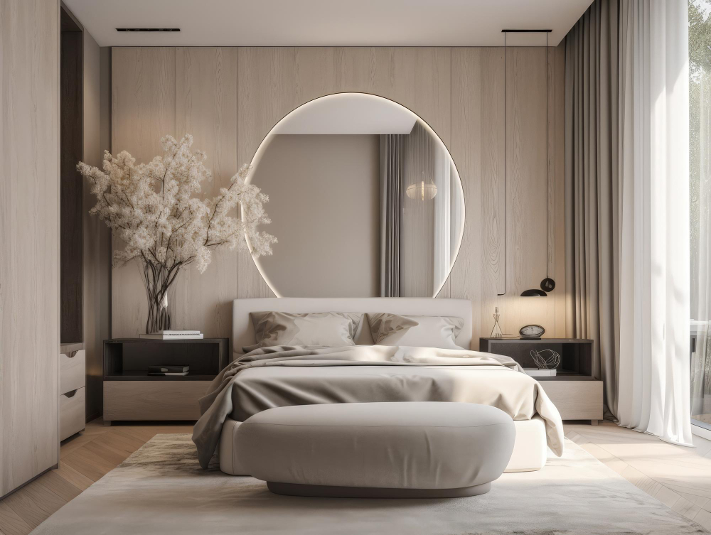duże okrągłe lustro w nowoczesnej beżowej sypialni za łóżkiem aranżacja 2